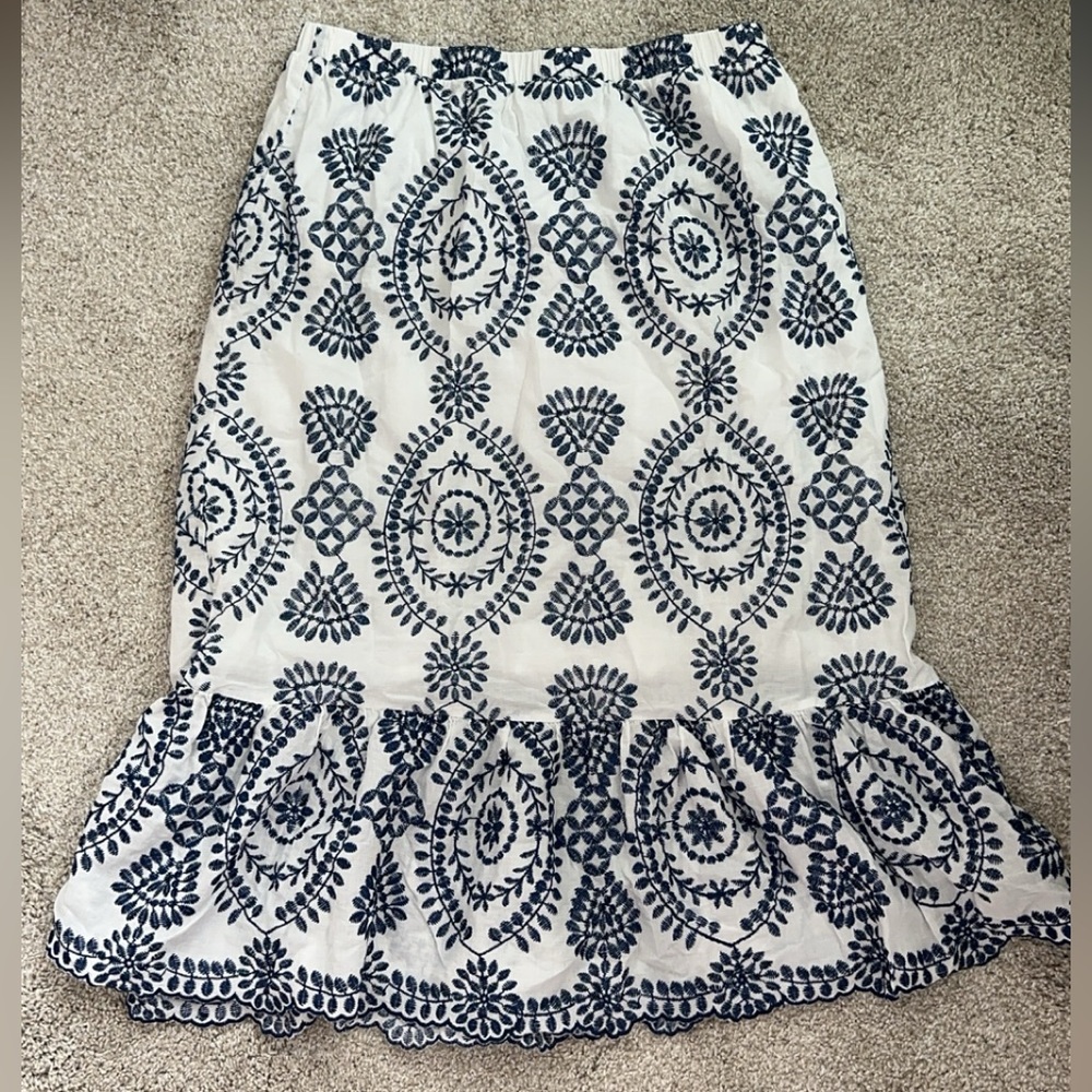 blue and white embroidered tiered midi skirt
